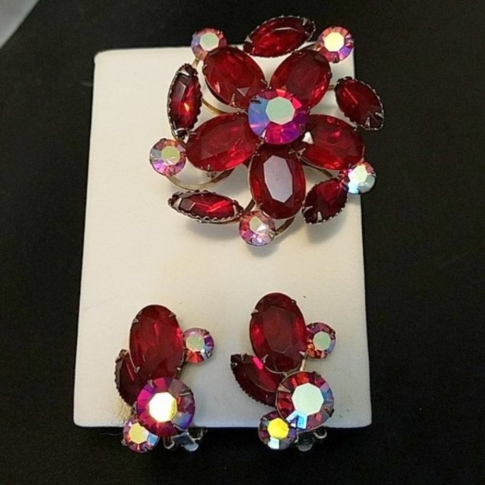 Vintage Signed Celebrity Red Rhinestone Brooch Earring Set